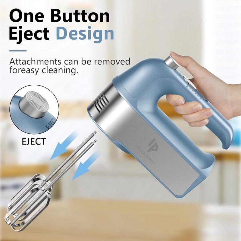 LILPARTNER Hand Mixer Electric, 450W Kitchen Mixers with Scale Cup Storage Case, Turbo Boost/Self-Control Speed + 5 Speed + Eject Button + 5 Stainless Steel Accessories, For Easy Whipping Dough, Cream, Blue - Image 4